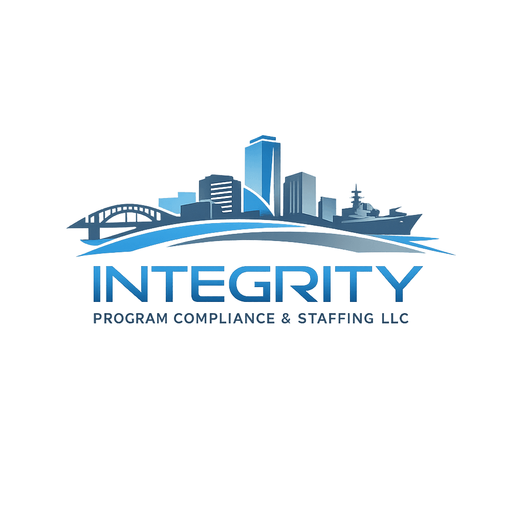 Abstract logo for Integrity Program Compliance & Staffing LLC with Newport News skyline, sky blue and gray tones, featuring sleek geometric typography.