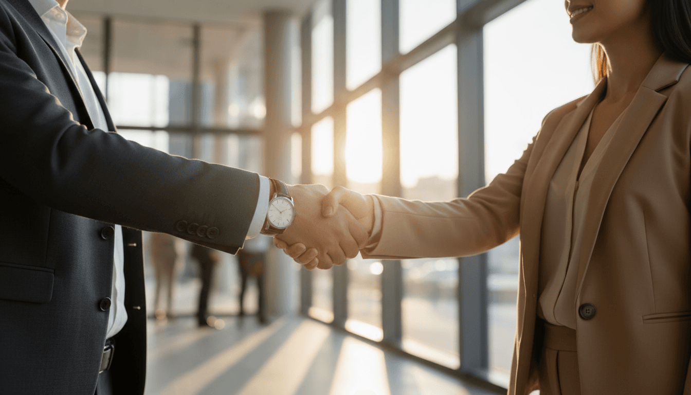 Consultant shaking hands with a leadership candidate in an office lobby