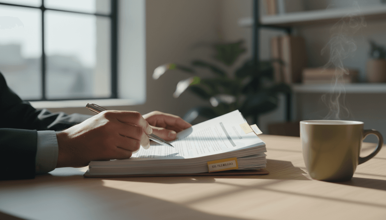 Compliance consultant reviewing case file documents in a Newport News office