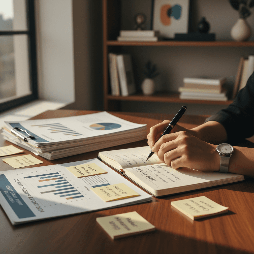 Professional consultant reviewing case files at a tidy desk in a nonprofit office