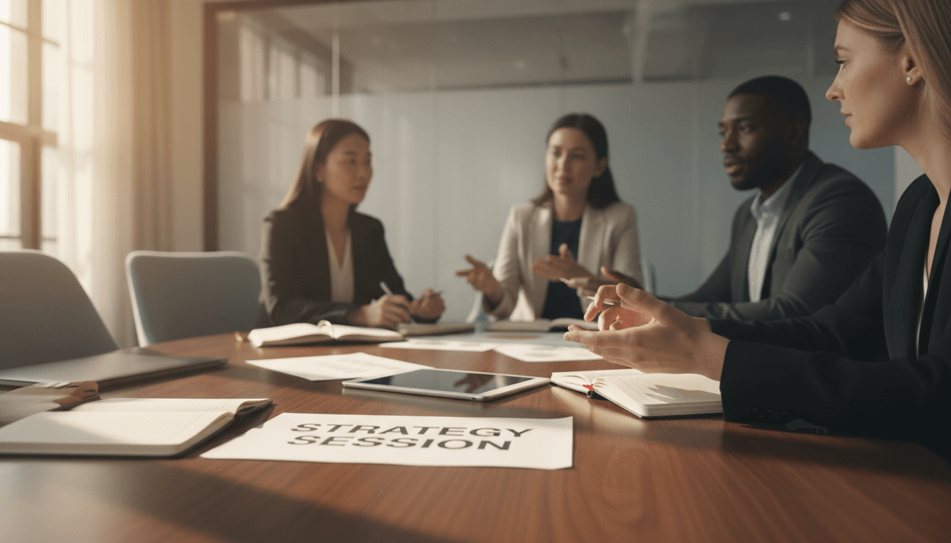 Diverse professionals engaged in focused discussion around a conference table with documents and technology.