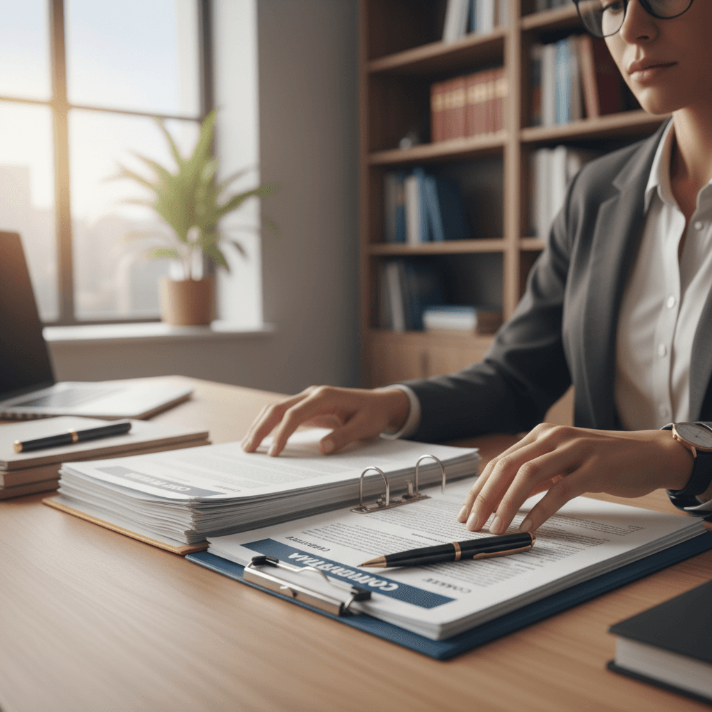 Compliance consultant reviewing a case file at her desk