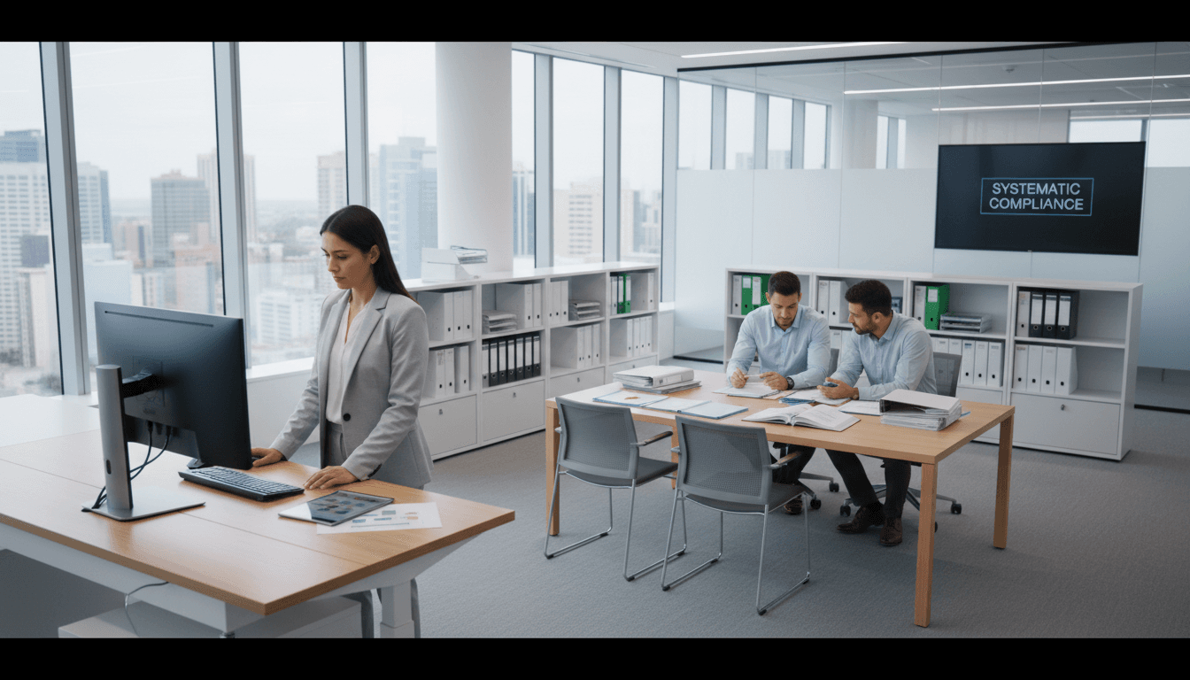 Compliance documents and case charts on a tidy desk with natural light