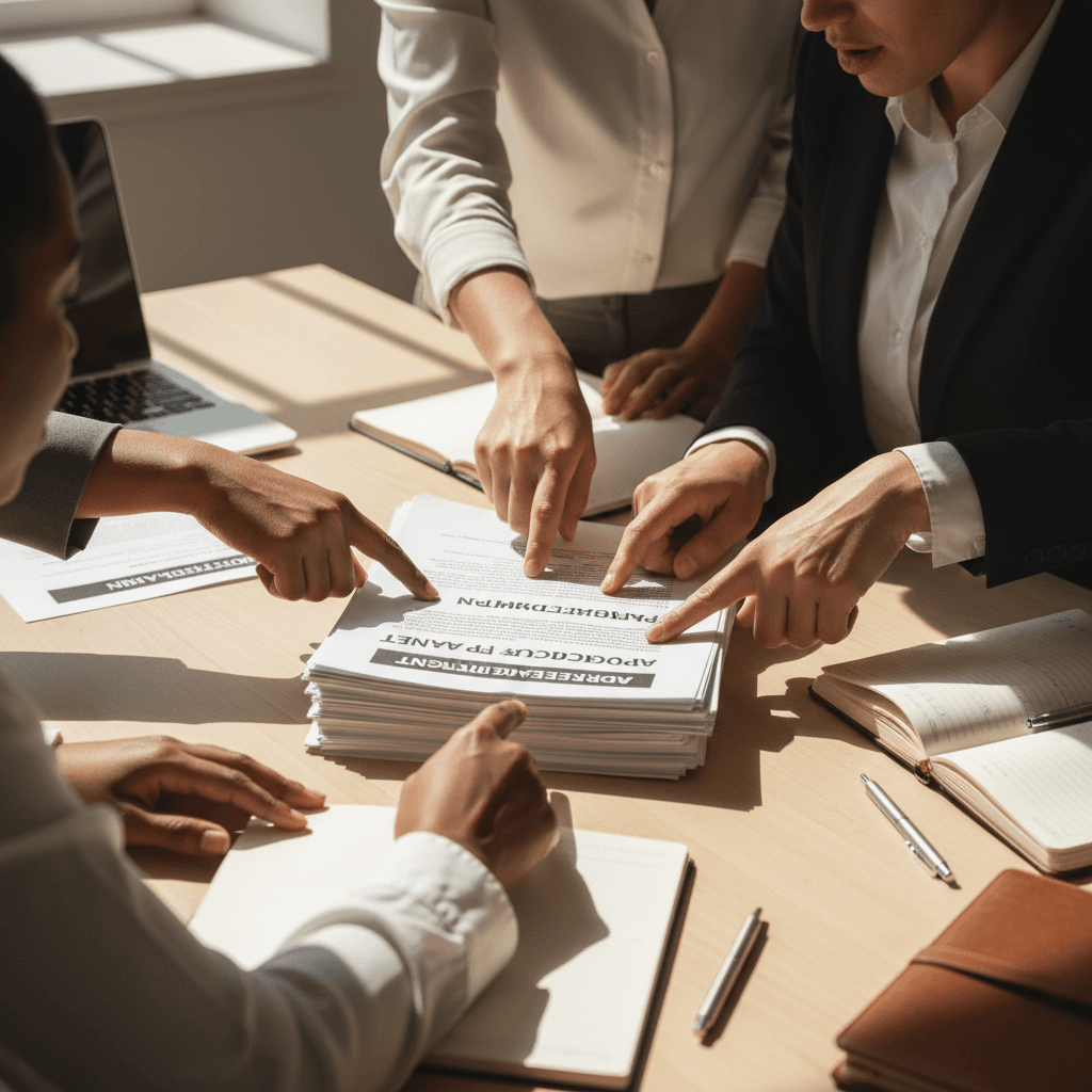 Two professionals reviewing compliance documents together at a conference table