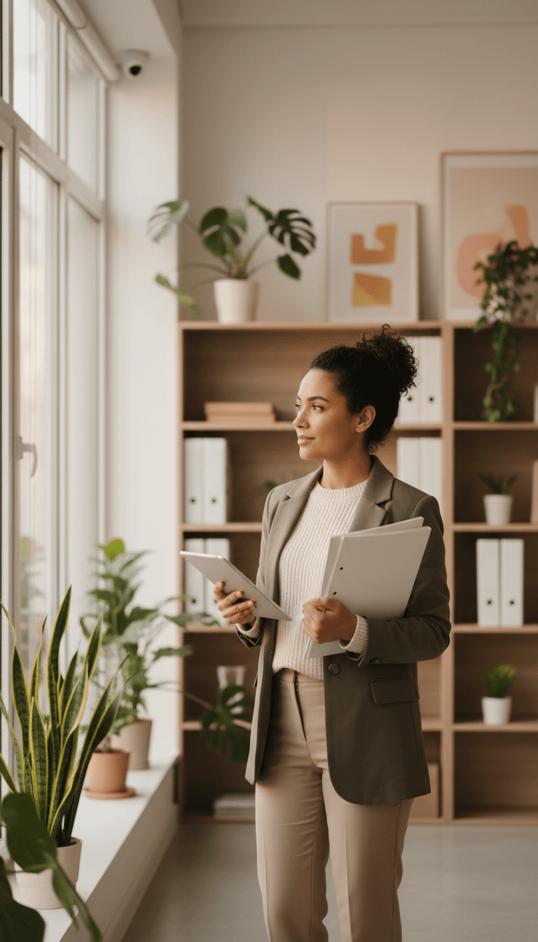 Professional woman in business attire reviewing a clipboard in a quiet office corridor