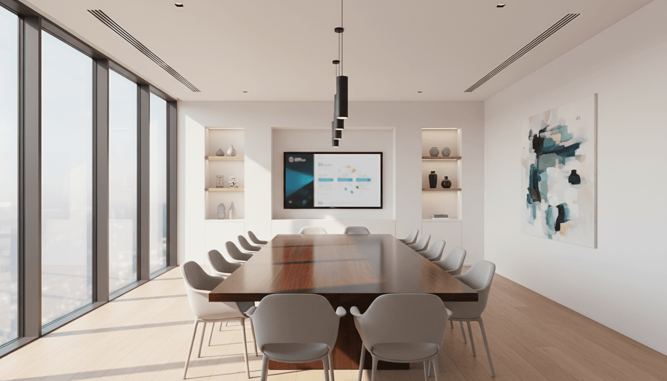 Bright modern conference room with large wooden table, ergonomic chairs, and floor-to-ceiling windows