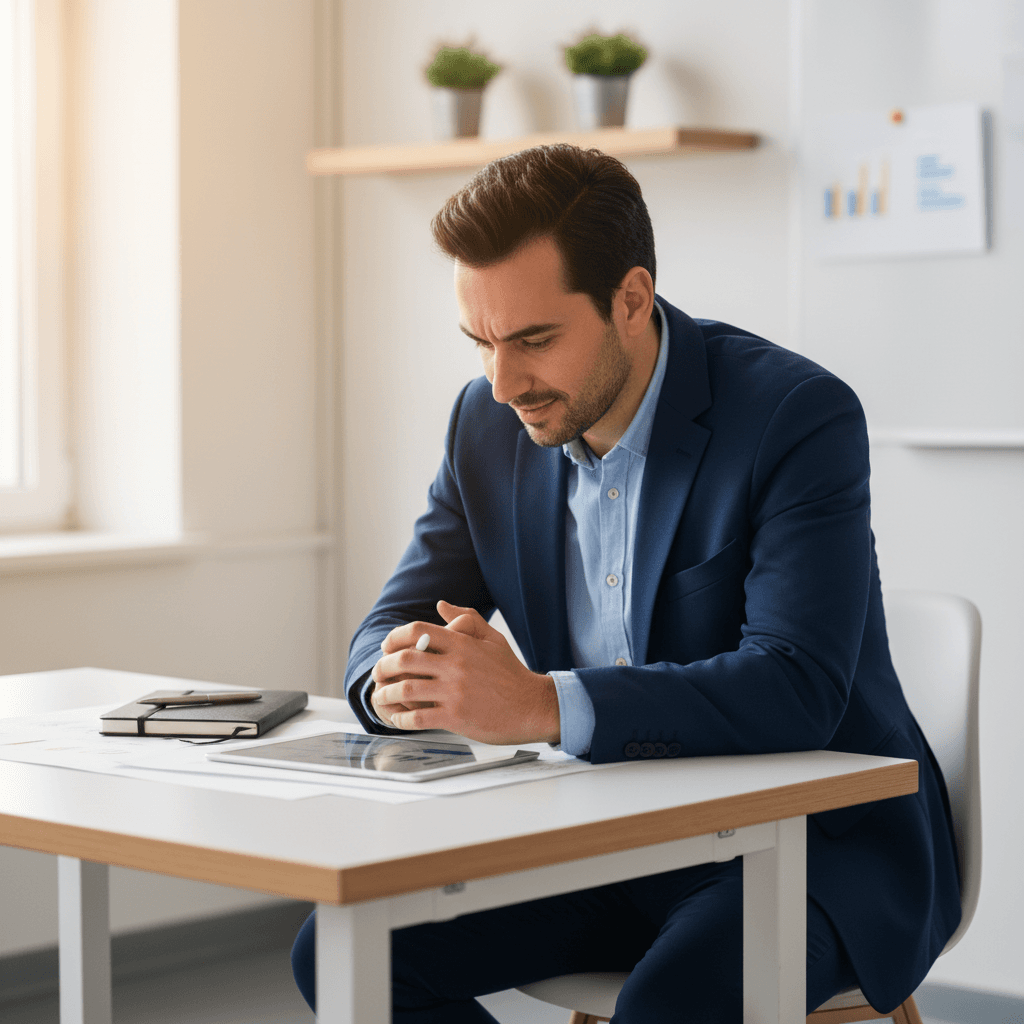 Professional in business attire reviewing notes in a community care office