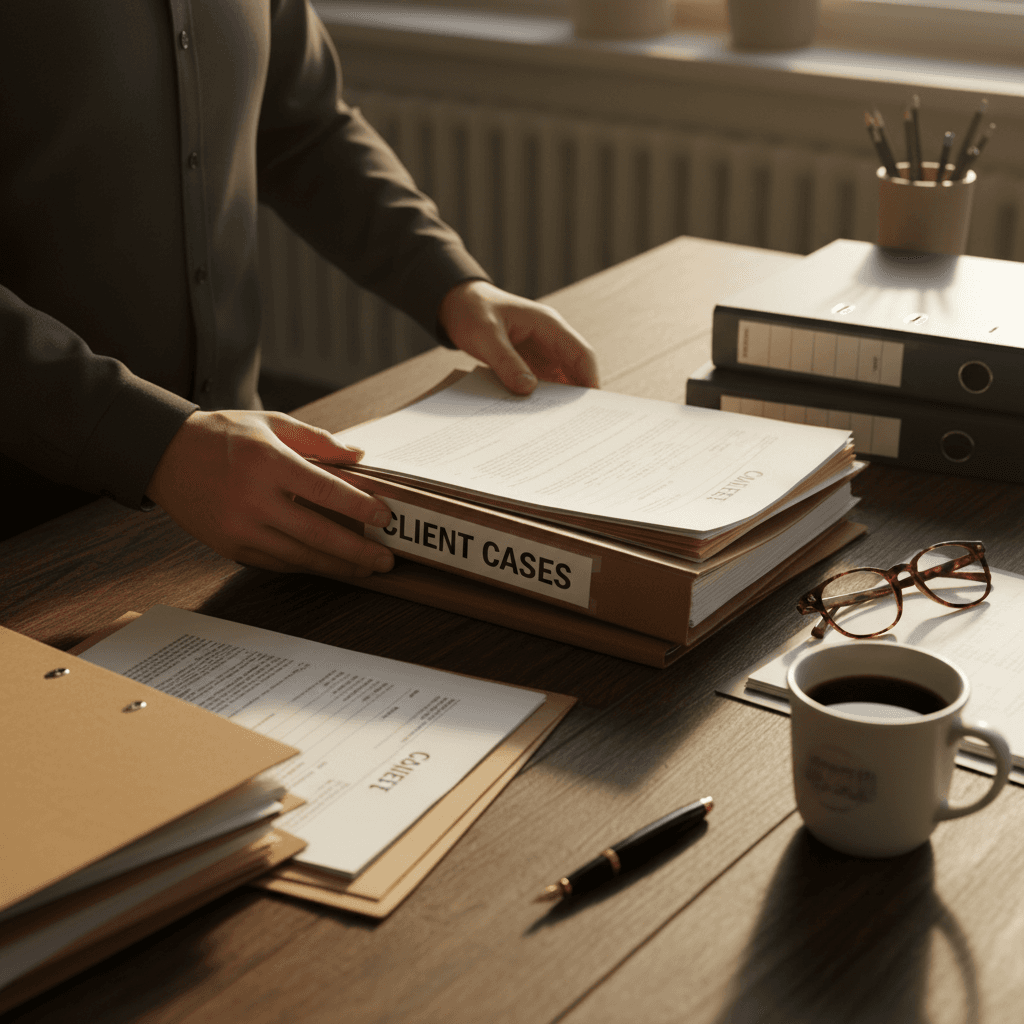 Close-up of hands marking a checklist beside stacked client files